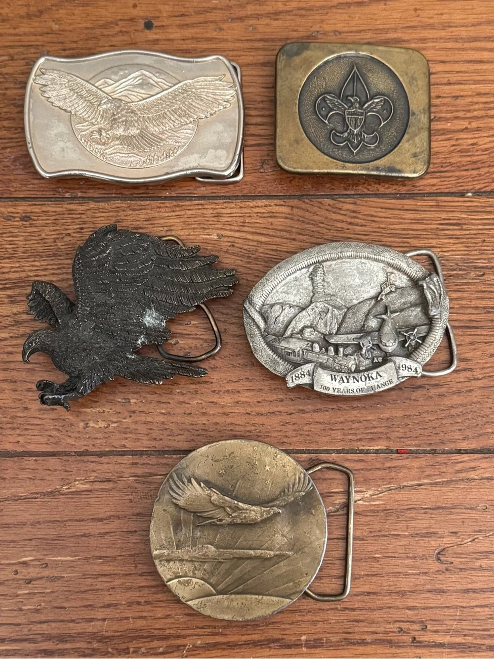 Lot of 5 Vintage Belt Buckles Some Brass/Pewter Eagle Cowboy Western Biker